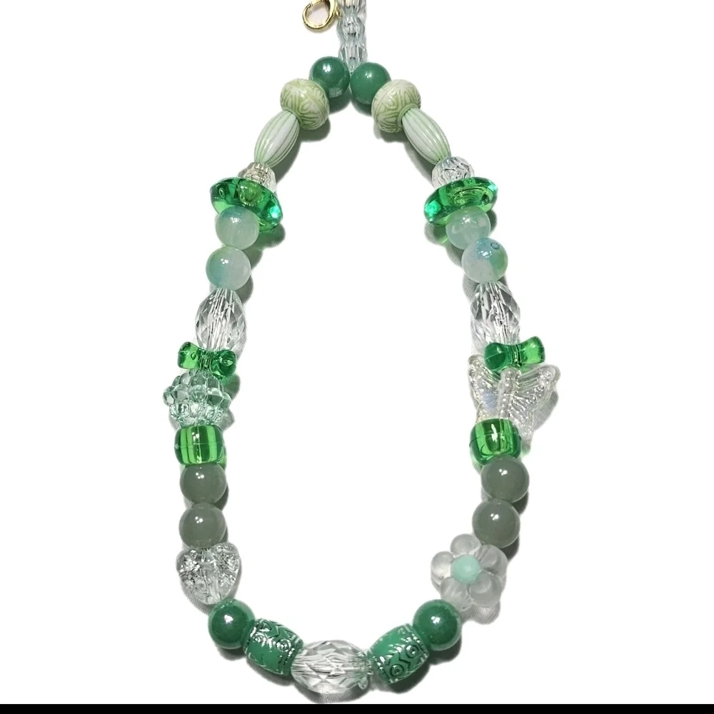 Cute Pastel Green Iridescent Girly Dainty Beaded Phone Charm or Wrist strap
